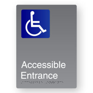 Accessible Entrance Braille Sign in Portrait Grey Aluminium