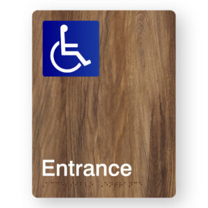 Accessible Entrance Braille Sign in Mid-Tone Woodgrain Portrait  Acrylic