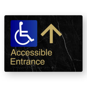 Accessible Entrance (Up Arrow) Braille Sign in a Black Marble & Satin Brass Finish