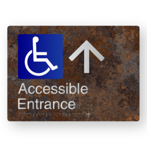 Accessible Entrance (Up Arrow) Braille Sign in a Distressed Metal Finish