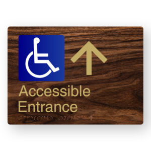 Accessible Entrance (Up Arrow) Braille Sign in a Dark Woodgrain & Brass Finish