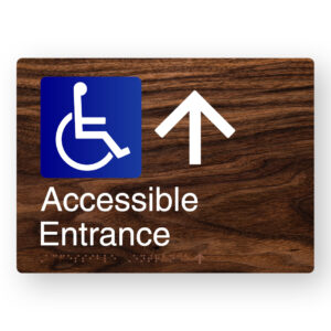 Accessible Entrance (Up Arrow) Braille Sign in a Dark Woodgrain