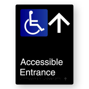 Accessible Entrance (Up Arrow)Braille Sign in Portrait Black Aluminium