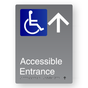 Accessible Entrance (Up Arrow) Braille Sign in Portrait Grey Aluminium