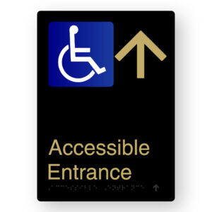 Accessible Entrance (Up Arrow) Braille Sign in Portrait Black & Satin Brass Finish