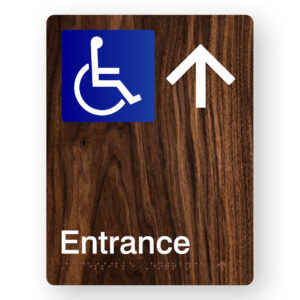 Accessible Entrance (Up Arrow) Braille Sign in Portrait Dark Woodgrain