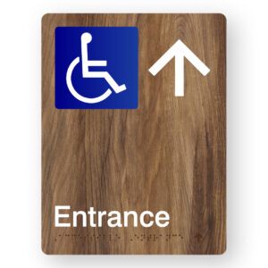Accessible Entrance (Up Arrow) Braille Sign in Mid-Tone Woodgrain Portrait  Acrylic