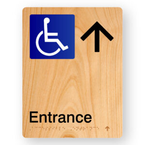 Accessible Entrance (Up Arrow) Braille Sign in Portrait Woodgrain Acrylic