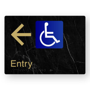 Accessible Entry (Left Arrow) Braille Sign in a Black Marble & Satin Brass Finish