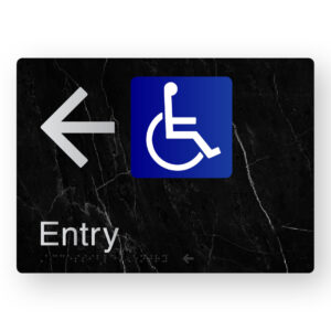 Accessible Entry (Left Arrow) Braille Sign in a Black Marble & Silver Finish