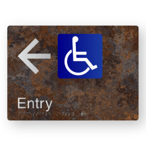 Accessible Entry (Left Arrow) Braille Sign in a Distressed Metal Finish