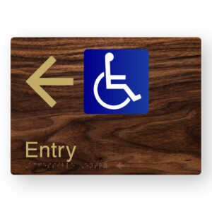 Accessible Entry (Left Arrow) Braille Sign in a Dark Woodgrain & Brass Finish