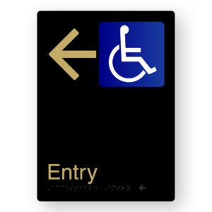 Accessible Entry (Left Arrow) Braille Sign in Portrait Black & Satin Brass Finish