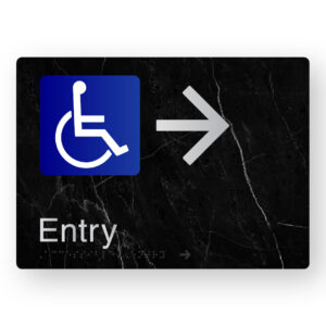 Accessible Entry (Right Arrow) Braille Sign in a Black Marble & Silver Finish
