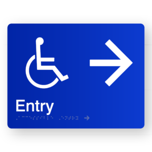 Accessible Entry (Right Arrow) Braille Sign in Blue Acrylic