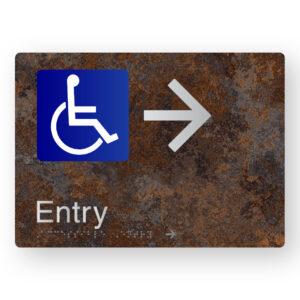 Accessible Entry (Right Arrow) Braille Sign in a Distressed Metal Finish