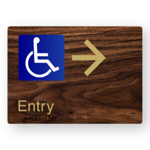 Accessible Entry (Right Arrow) Braille Sign in a Dark Woodgrain & Brass Finish