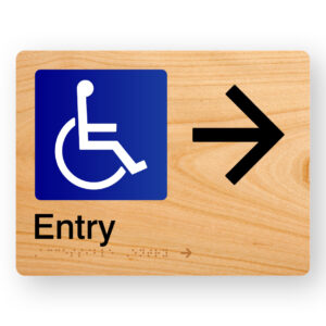 Accessible Entry (Right Arrow) Braille sign in Woodgrain Acrylic