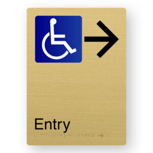 Accessible Entry (Right Arrow) Braille Sign in Portrait Satin Brass Finish