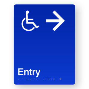 Accessible Entry (Right Arrow) Braille Sign in Portrait Blue Acrylic