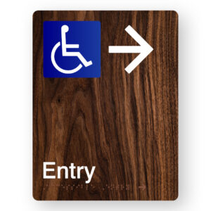 Accessible Entry (Right Arrow) Braille Sign in Portrait Dark Woodgrain