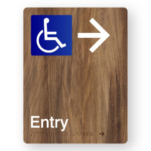 Accessible Entry (Right Arrow) Braille Sign in Mid-Tone Woodgrain Portrait  Acrylic