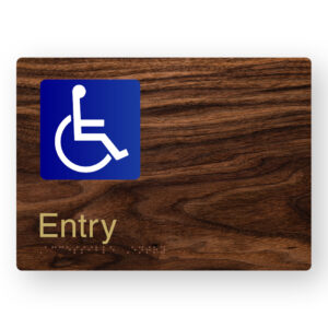Accessible Entry Braille Sign in a Dark Woodgrain & Brass Finish