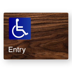Accessible Entry Braille Sign in a Dark Woodgrain