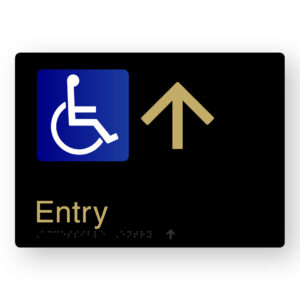 Accessible Entry (Up Arrow) Braille Sign in a Black & Satin Brass Finish