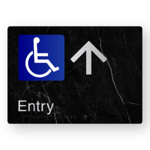 Accessible Entry (Up Arrow) Braille Sign in a Black Marble & Silver Finish