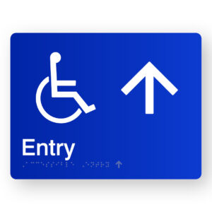 Accessible Entry (Up Arrow) Braille Sign in Blue Acrylic