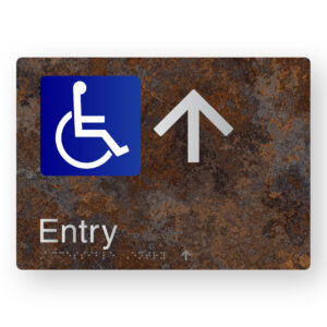 Accessible Entry (Up Arrow) Braille Sign in a Distressed Metal Finish