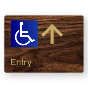 Accessible Entry (Up Arrow) Braille Sign in a Dark Woodgrain & Brass Finish