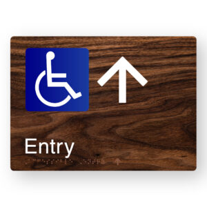 Accessible Entry (Up Arrow) Braille Sign in a Dark Woodgrain