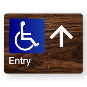 Accessible Entry (Up Arrow) Braille Sign in Dark Woodgrain