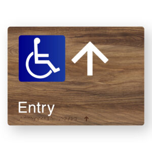 Accessible Entry (Up Arrow) Braille Sign in a Mid-Tone Woodgrain