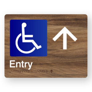 Accessible Entry (Up Arrow) Braille Sign in Mid-Tone Woodgrain in Acrylic
