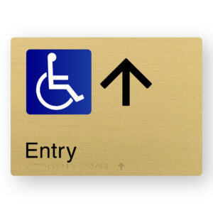 Accessible Entry (Up Arrow) Braille Sign in a Satin Brass Finish