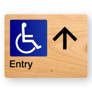Accessible Entry (Up Arrow) Braille sign in Woodgrain Acrylic
