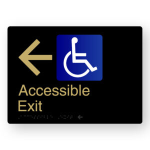 Accessible Exit (Left Arrow) Braille Sign in a Black & Satin Brass Finish