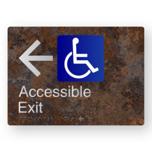 Accessible Exit (Left Arrow) Braille Sign in a Distressed Metal Finish