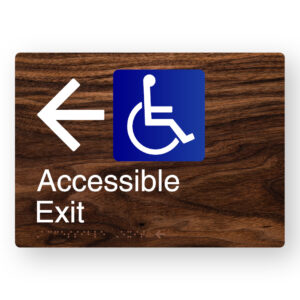 Accessible Exit (Left Arrow) Braille Sign in a Dark Woodgrain