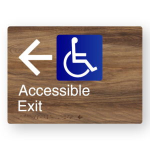 Accessible Exit (Left Arrow) Braille Sign in a Mid-Tone Woodgrain