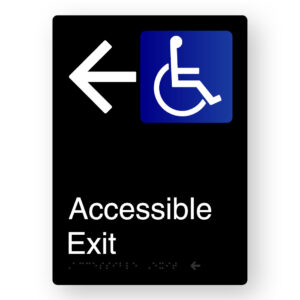 Accessible Exit (Left Arrow) Braille Sign in Portrait Black Aluminium