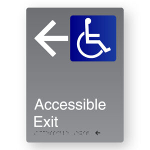 Accessible Exit (Left Arrow) Braille Sign in Portrait Grey Aluminium