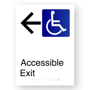 Accessible Exit (Left Arrow) Braille Sign in Portrait White Aluminium