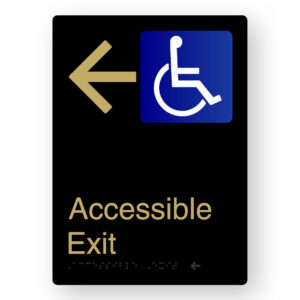 Accessible Exit (Left Arrow) Braille Sign in Portrait Black & Satin Brass Finish
