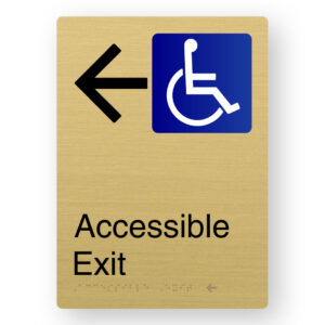 Accessible Exit (Left Arrow) Braille Sign in Portrait Satin Brass Finish