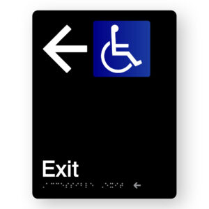 Accessible Exit (Left Arrow) Braille Sign in Portrait Black Acrylic