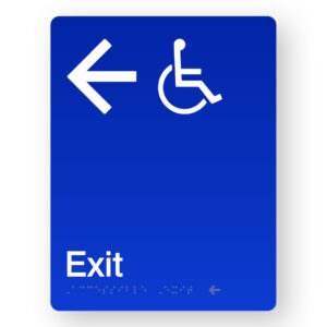 Accessible Exit (Left Arrow) Braille Sign in Portrait Blue Acrylic